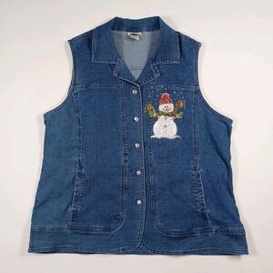 Distinct Blue Denim Vest Bedazzled Gem Snowman Holiday Winter Crystal Button 2x